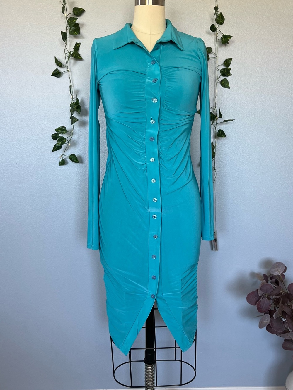 Turquoise Long-Sleeve Button-Front Ruched Shirt Dress